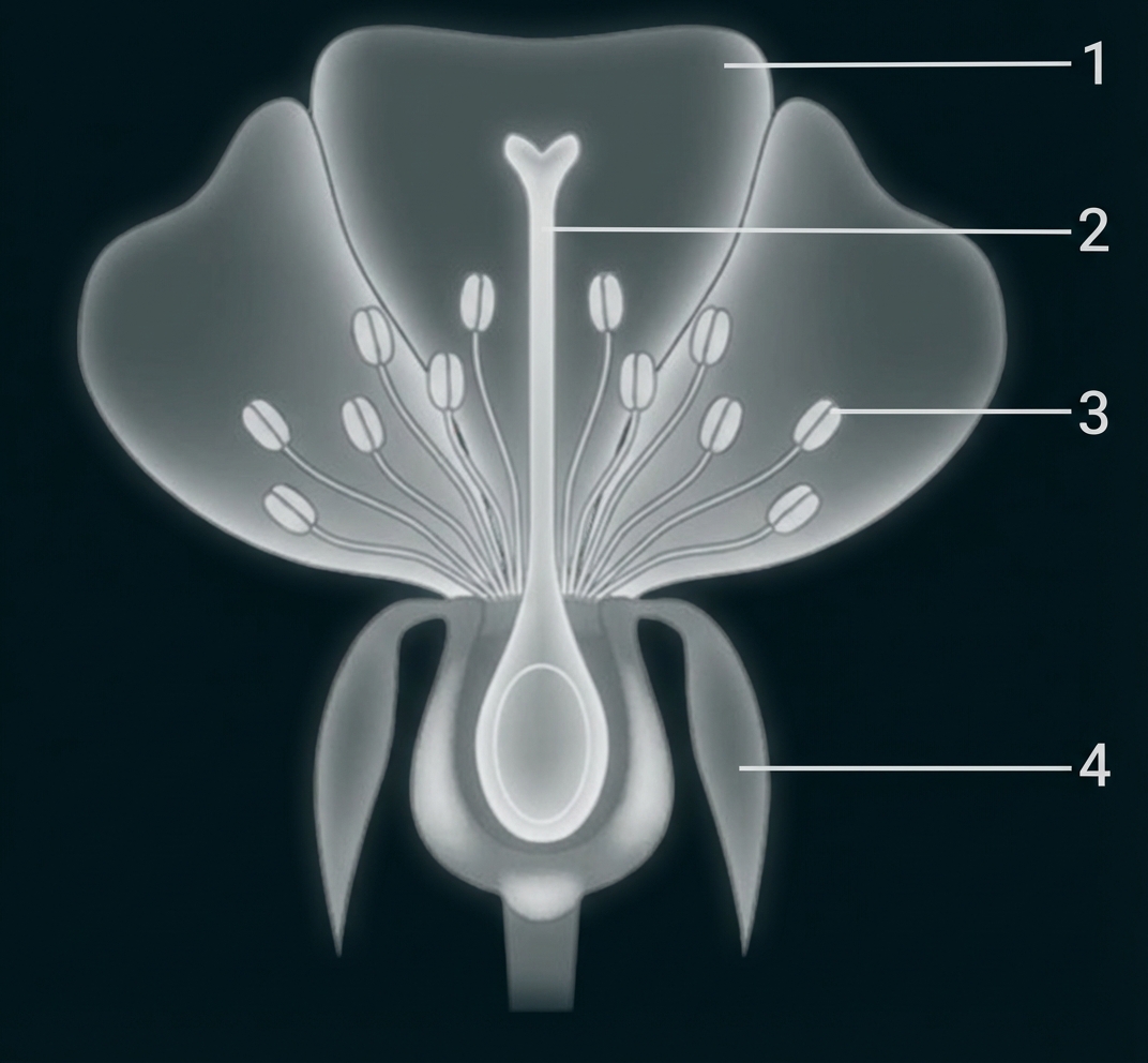 Schematische Blüte mit nummerierten Teilen: Blütenblatt (1), Griffel/Stempel (2), Staubblätter (3) und Kelchblätter (4)